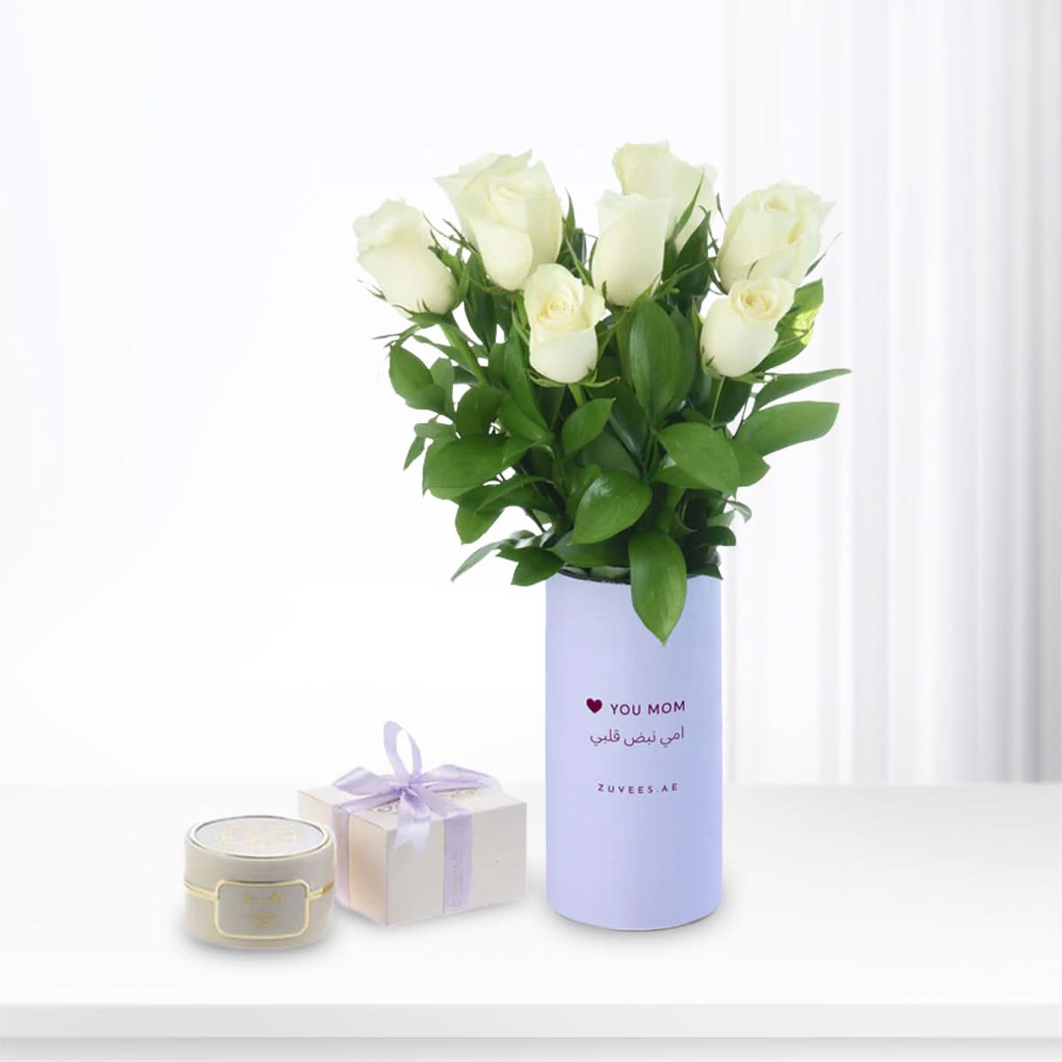 12 White Roses Vase To Mom Bakhoor Combo - Zuvees.ae