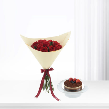 15 Roses, After Midnight Bouquet Cake Combo