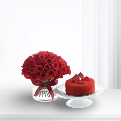 50 Red Roses In Glass Vase Cake Combo - Zuvees.ae