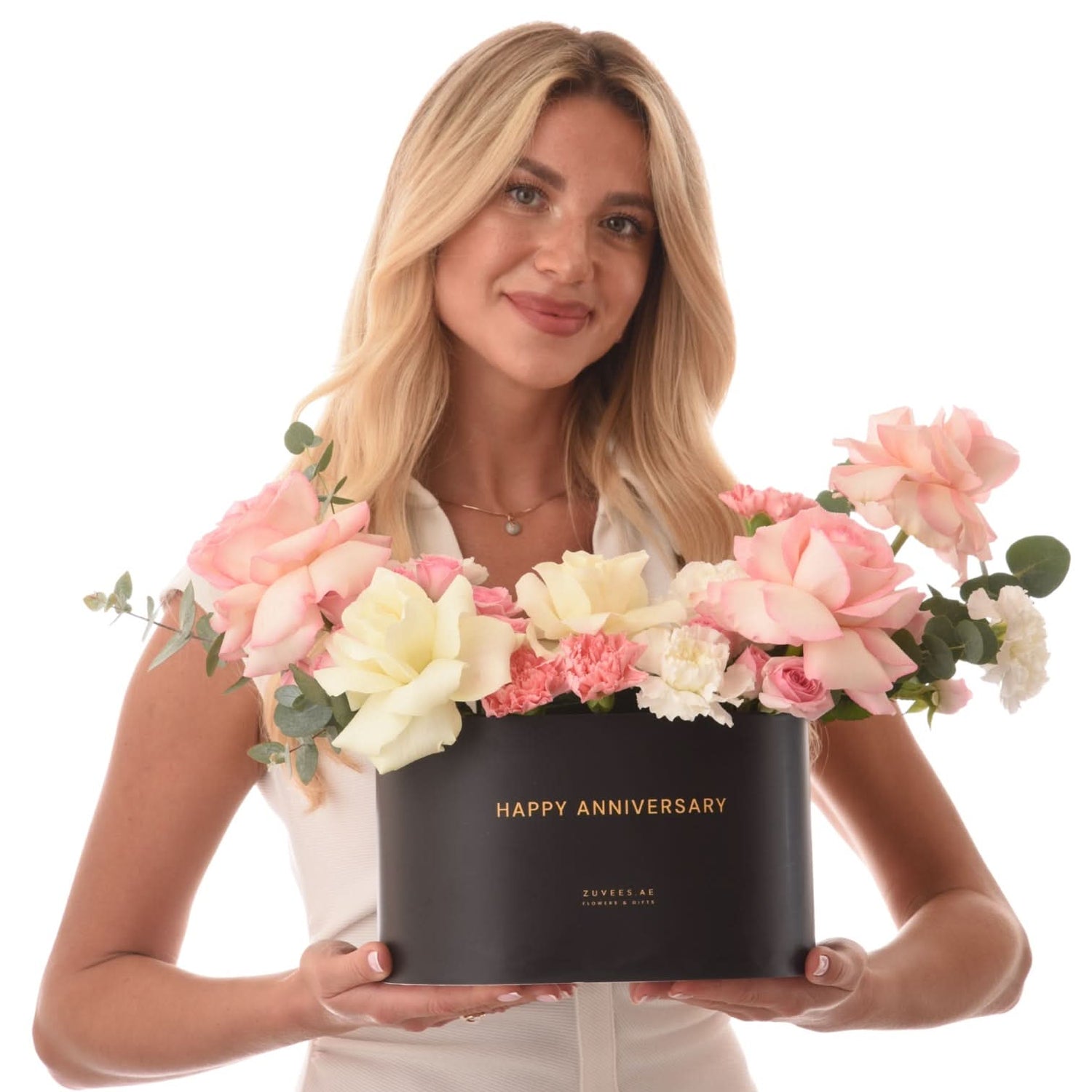 Arc of Roses & Ivory In Happy Anniversary Box | ZUVEES – Zuvees.ae