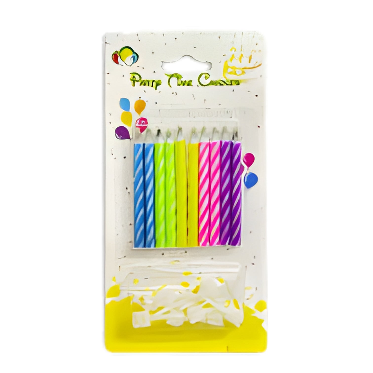 Vibrant striped birthday candles in rainbow hues, packaged with confetti.