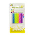 Vibrant striped birthday candles in rainbow hues, packaged with confetti.
