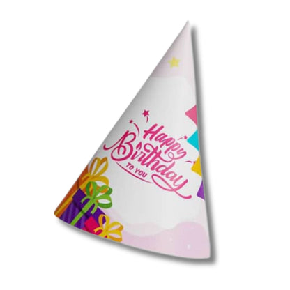 Pastel party hat with "Happy Birthday" in pink script, colorful gifts, and stars.