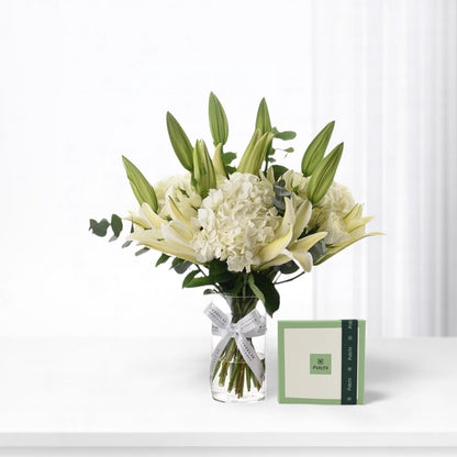 Celestial Bloom Glass Vase With Chocolate Combo - Zuvees.ae