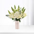 Elegant white lilies, hydrangeas, and buds in blush vase with "Congratulations" text.