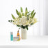 White lily and hydrangea bouquet with "Get Well Soon" vase, Strepsils, electrolyte, and honey.