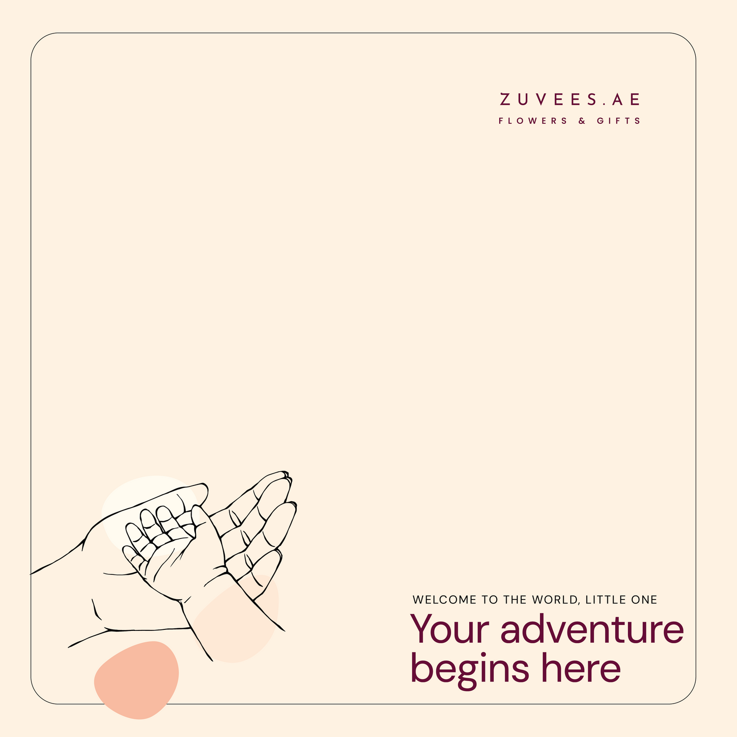 Soft beige background with minimalist hand illustration and welcoming text.