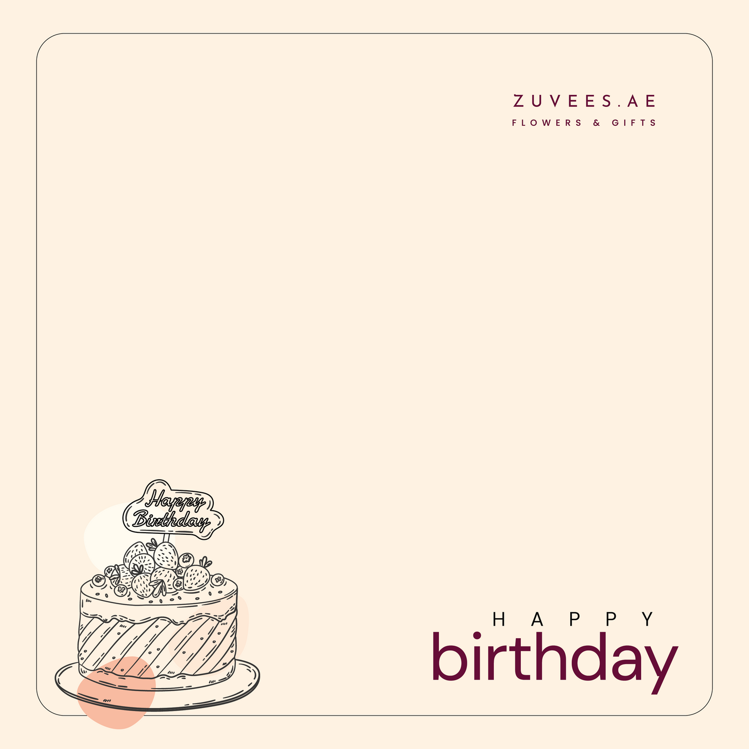 Minimalist birthday card with illustrated cake, "Happy Birthday" text, and brand logo.
