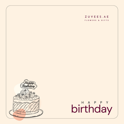 Minimalist birthday card with illustrated cake, "Happy Birthday" text, and brand logo.