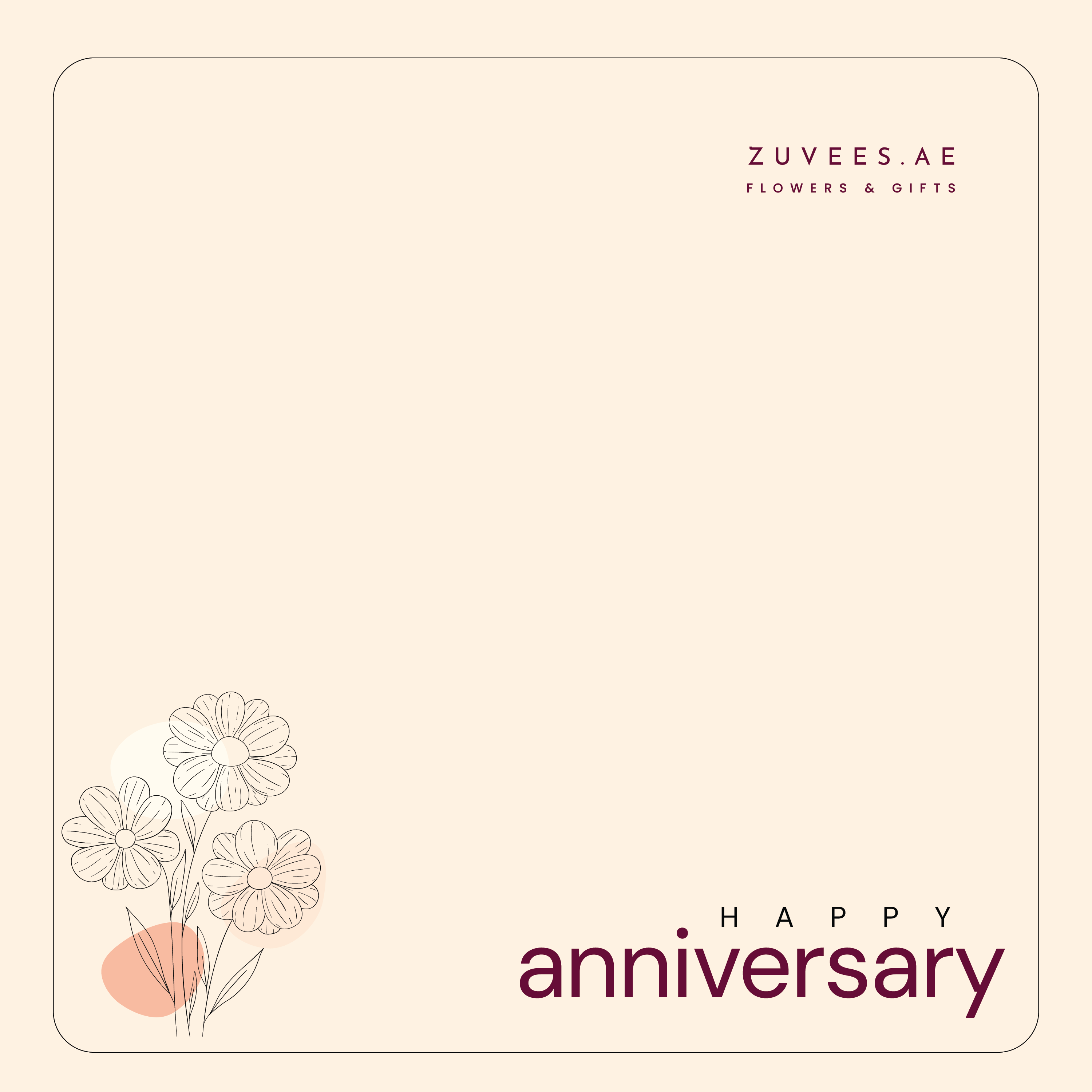 Minimalist beige card with "Happy Anniversary" in burgundy, featuring delicate line-drawn flowers.