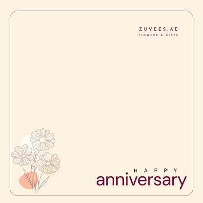 Minimalist beige card with "Happy Anniversary" in burgundy, featuring delicate line-drawn flowers.