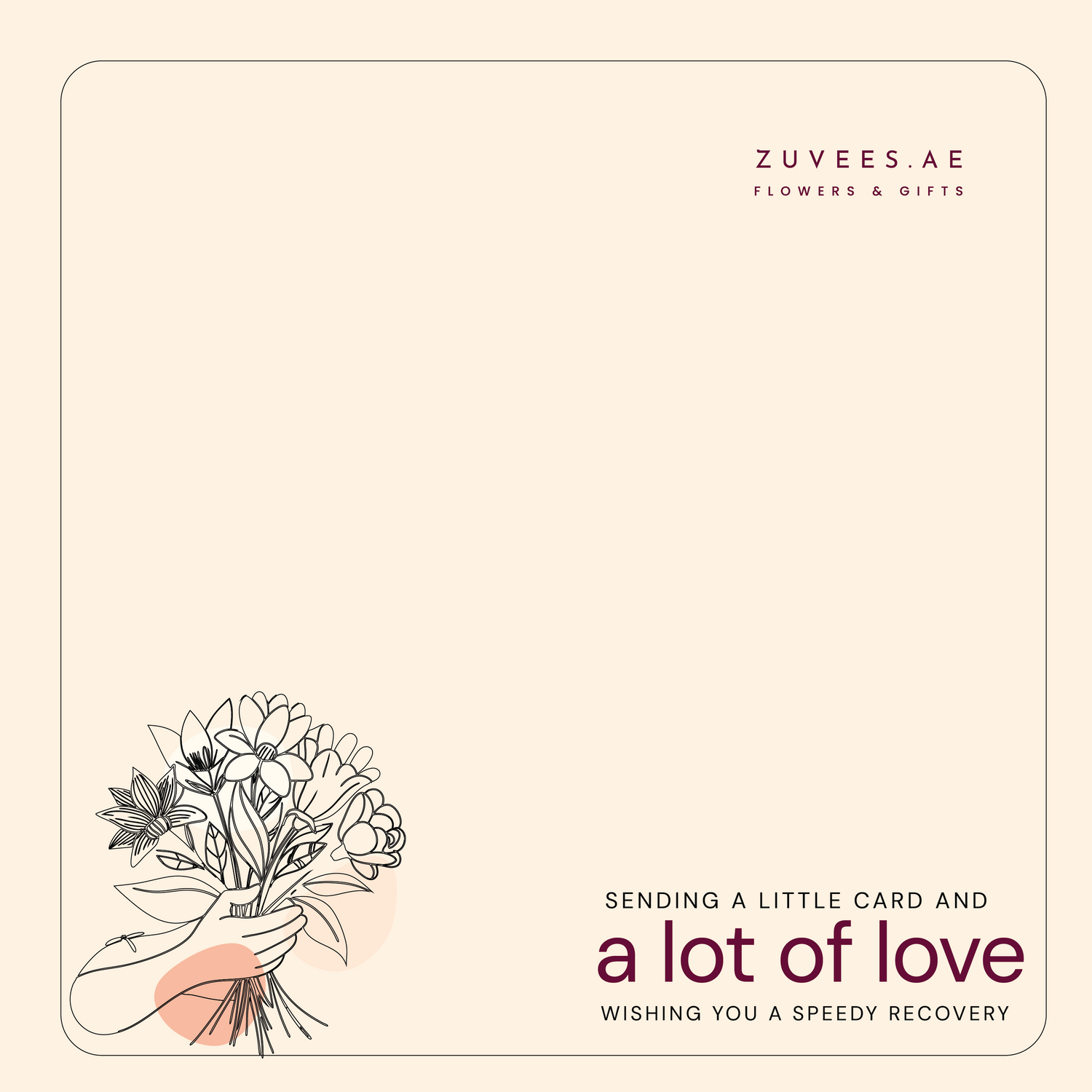 Soft beige card with hand-holding floral line art and “a lot of love” message.
