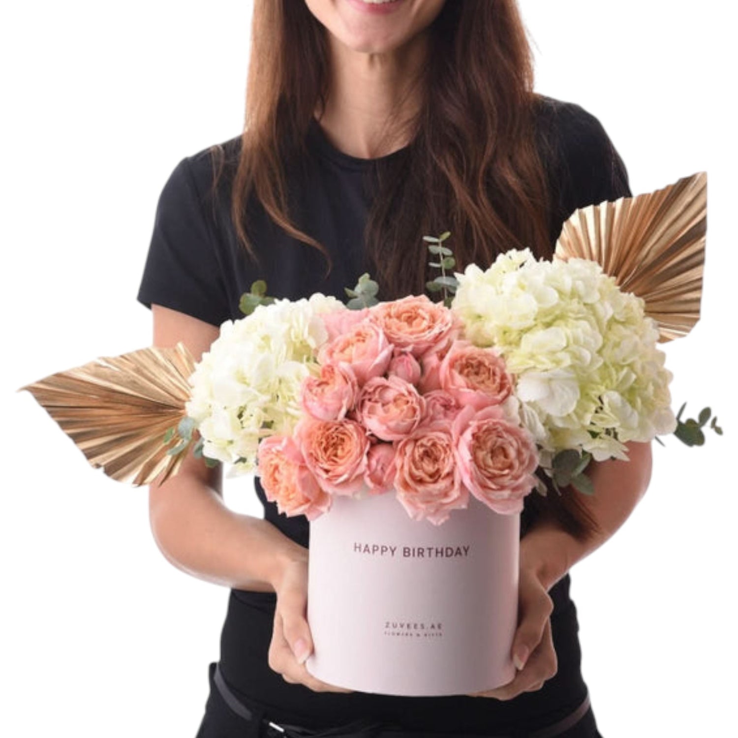 Pink roses and hydrangeas in a "Happy Birthday" box with gold accents.