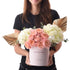 Pink roses and hydrangeas in a "Happy Birthday" box with gold accents.