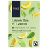 Light green pack with lemon slices and leaves, Fairtrade certified green tea & lemon bags.