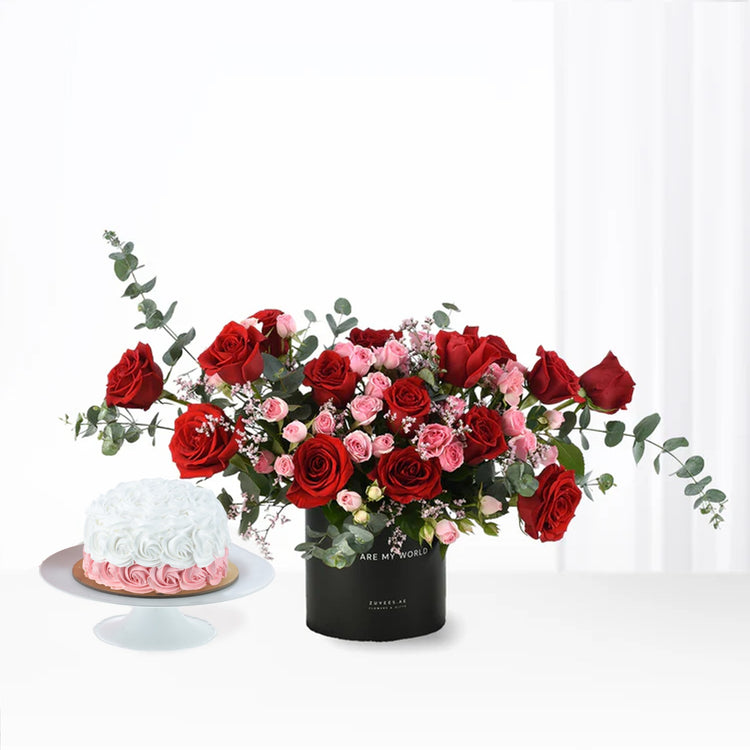 Majestic Roses Box with Cake Combo - Zuvees.ae