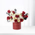 Vibrant red, white roses and carnations in elegant red box with golden "In My Heart... Always" inscription.