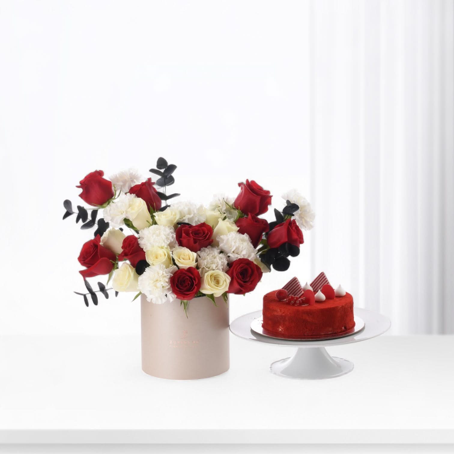 Oasis of Roses in Sand Box with Red Velvet Cake