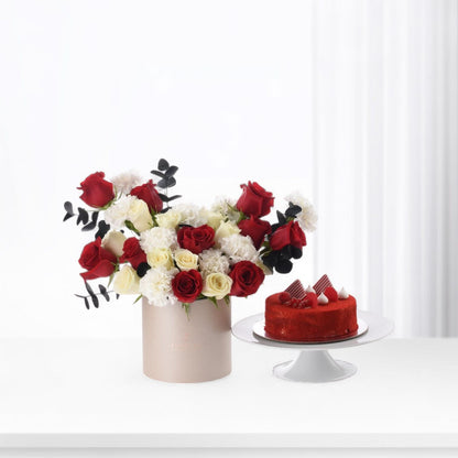 Oasis of Roses in Sand Box with Red Velvet Cake