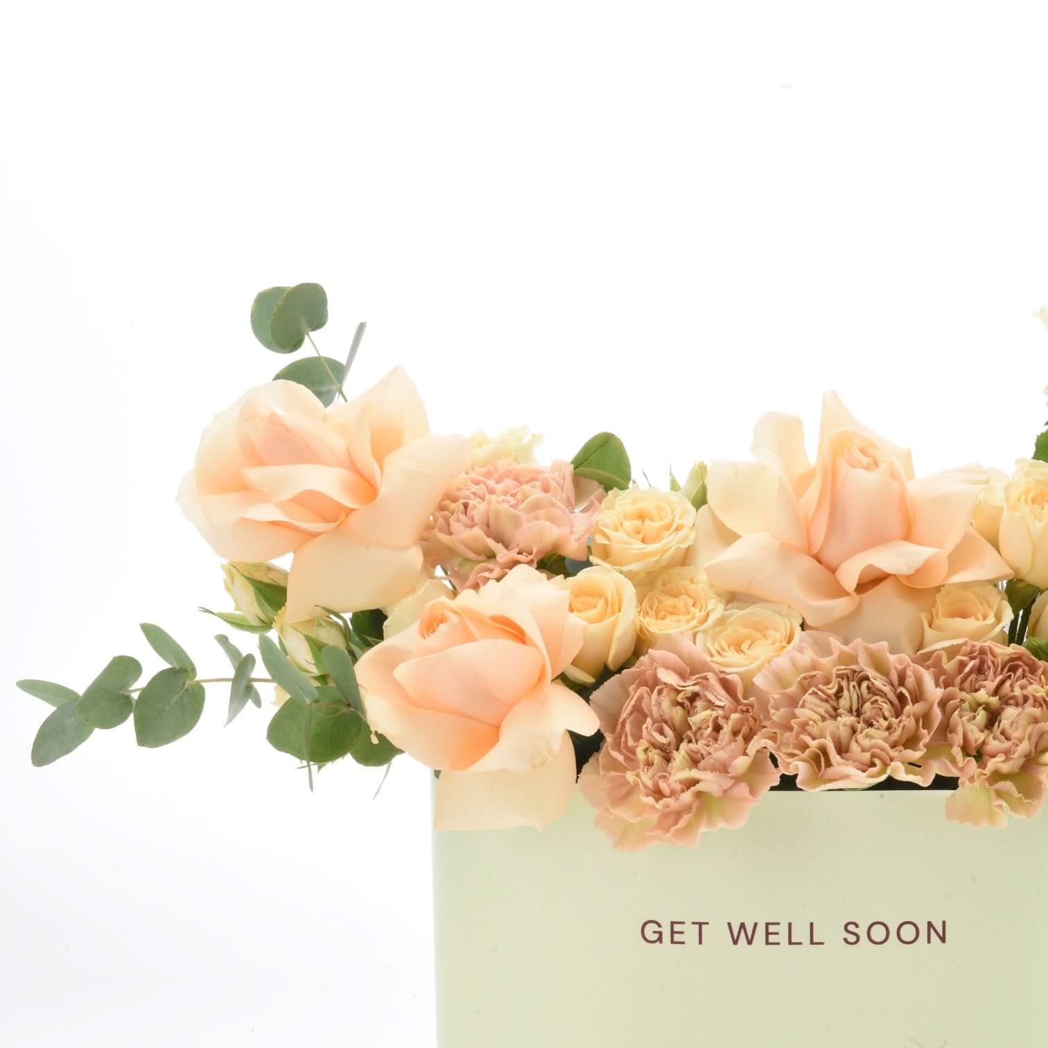 Soft peach roses and carnations in mint box say "Get Well Soon".