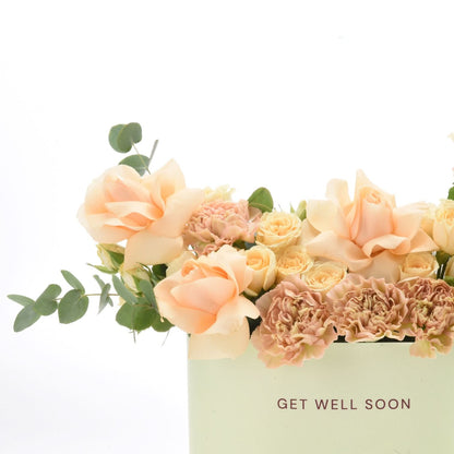 Soft peach roses and carnations in mint box say "Get Well Soon".