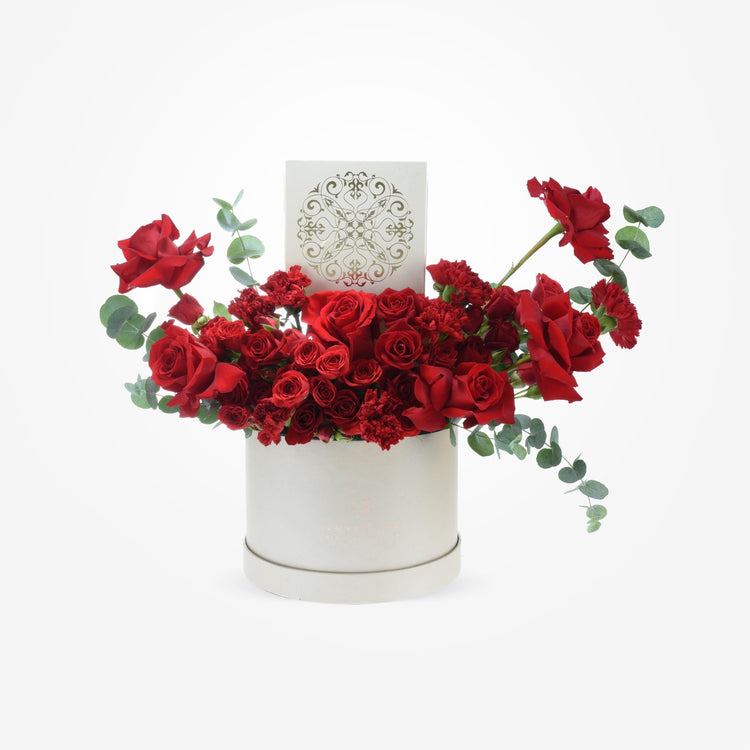 Radiant Red Bloom Box with Rasasi Bukhoor Raqiya