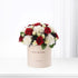 Elegant red and white roses in beige box with "Happy Birthday" text.