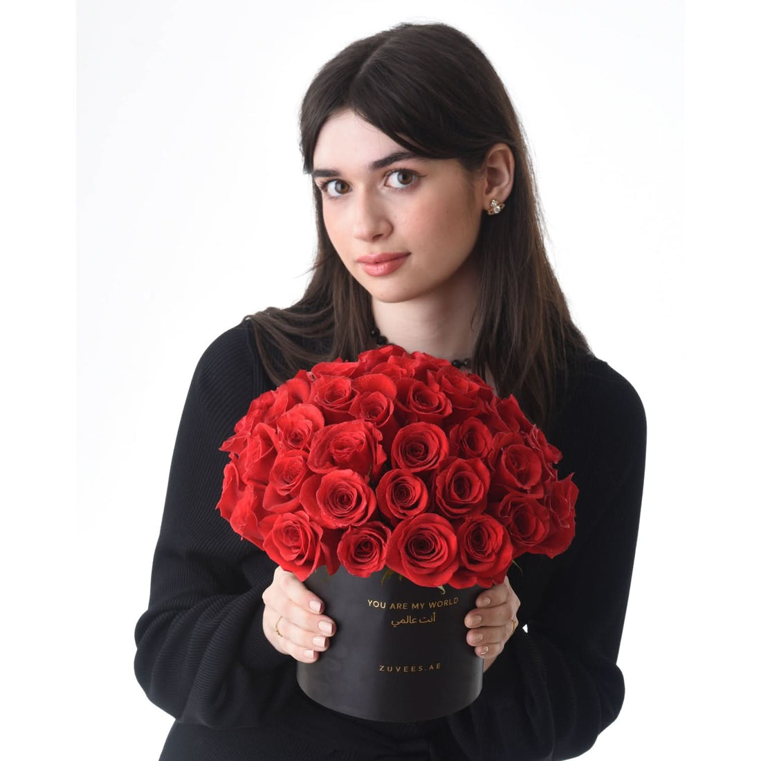 50 Roses in Black Love Vase with Body Shop &amp; Bateel Dates - Zuvees.ae