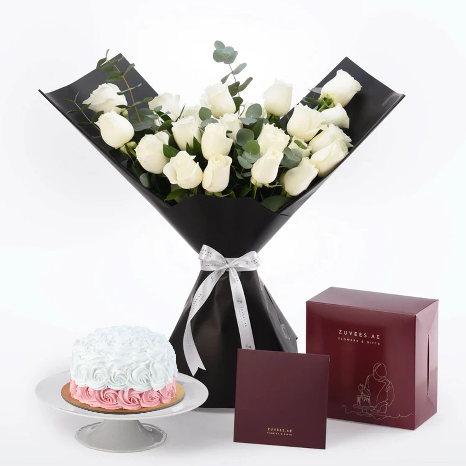 Snow Petals Bouquet with Cake Combo - Zuvees.ae