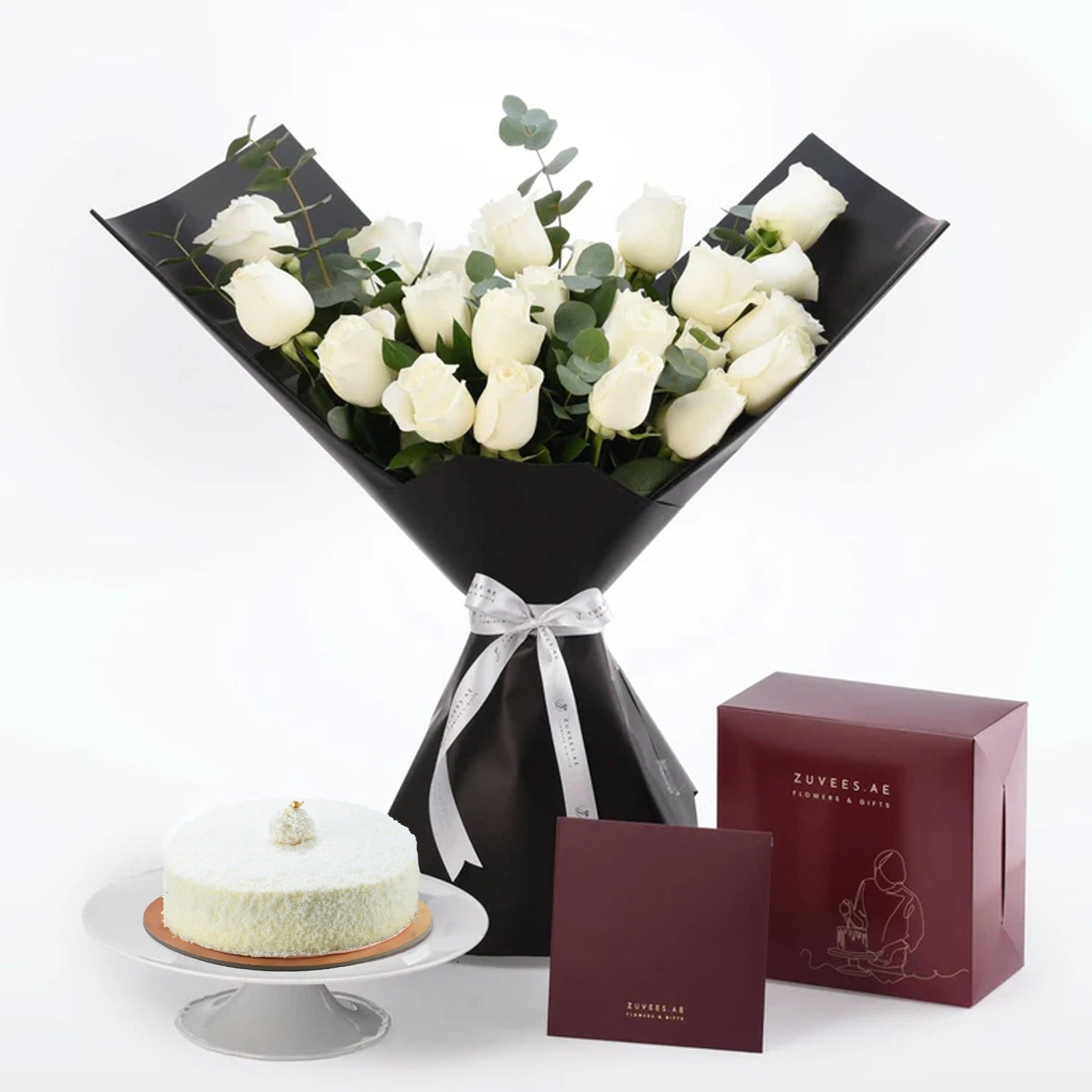 Snow Petals Bouquet with Cake Combo - Zuvees.ae