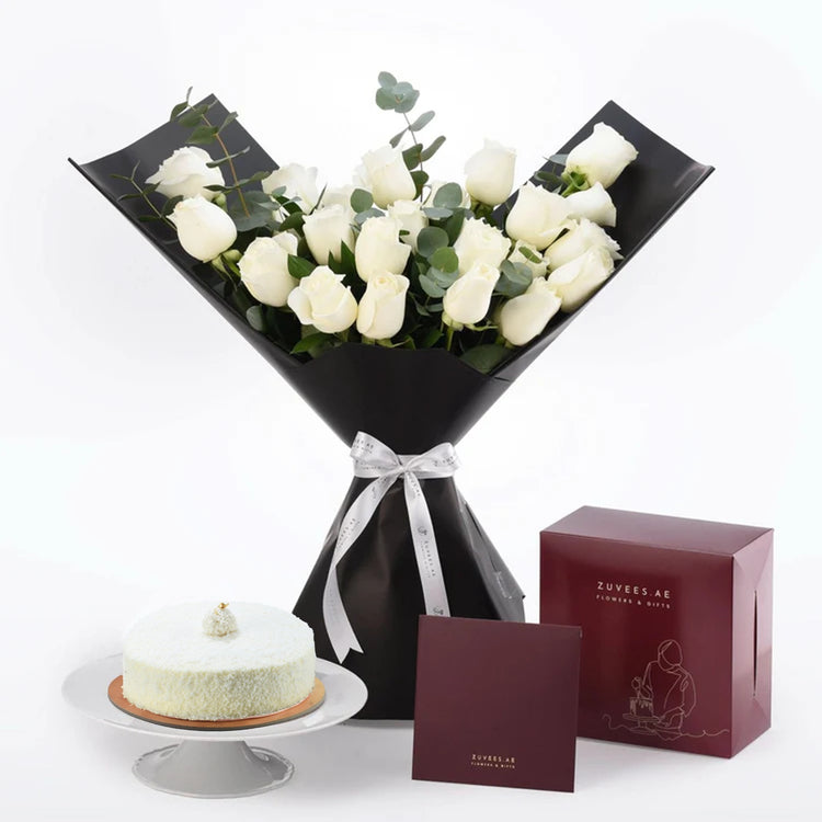 Snow Petals Bouquet with Cake Combo - Zuvees.ae