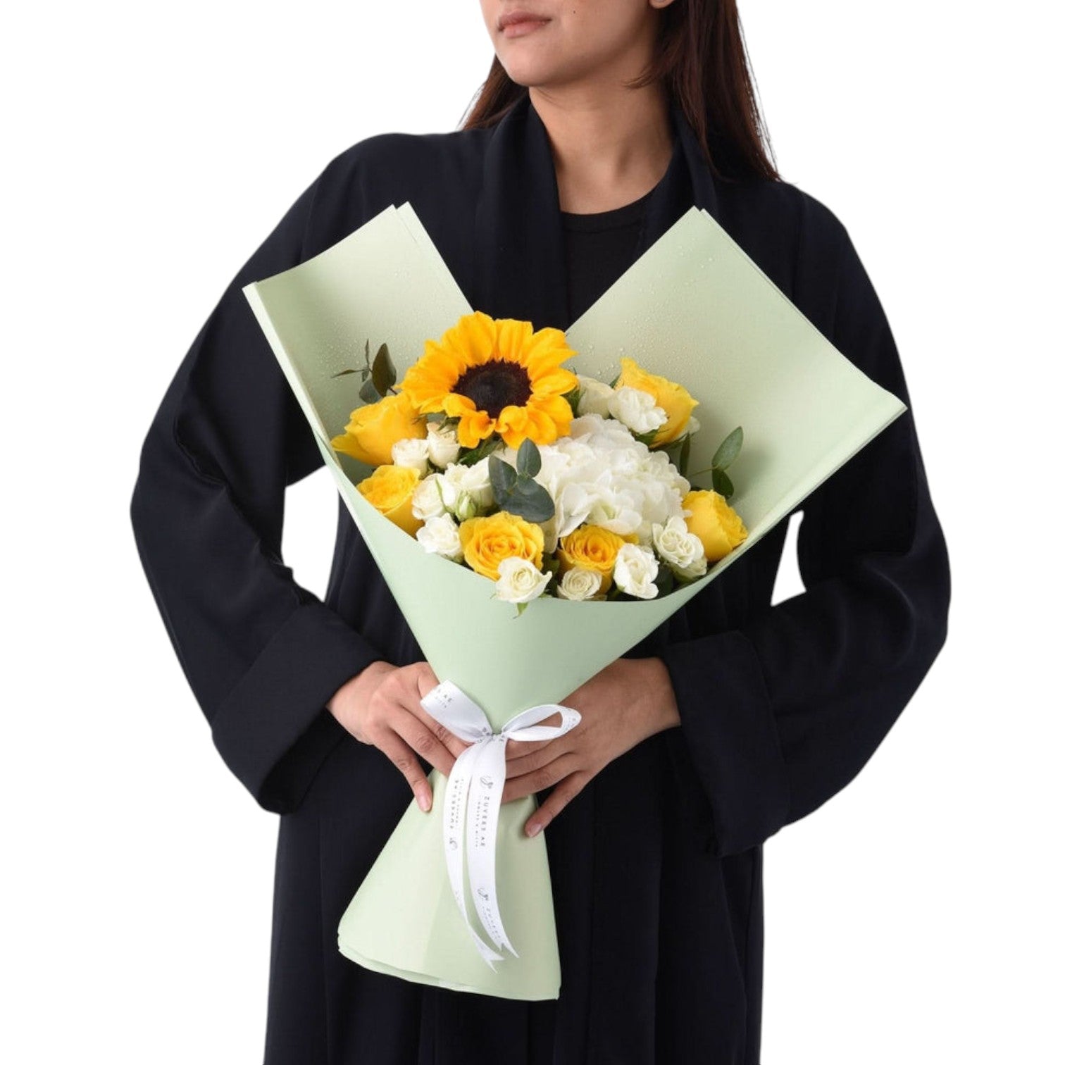 Sunflower, yellow &amp; white roses in mint wrap, elegant white bow.
