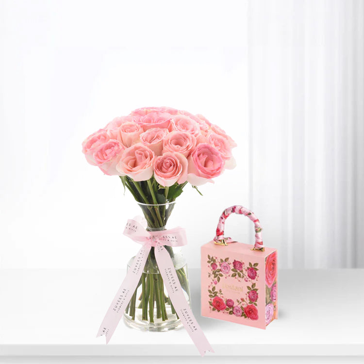 Sweet Pink Roses Vase Chocolates Combo - Zuvees.ae