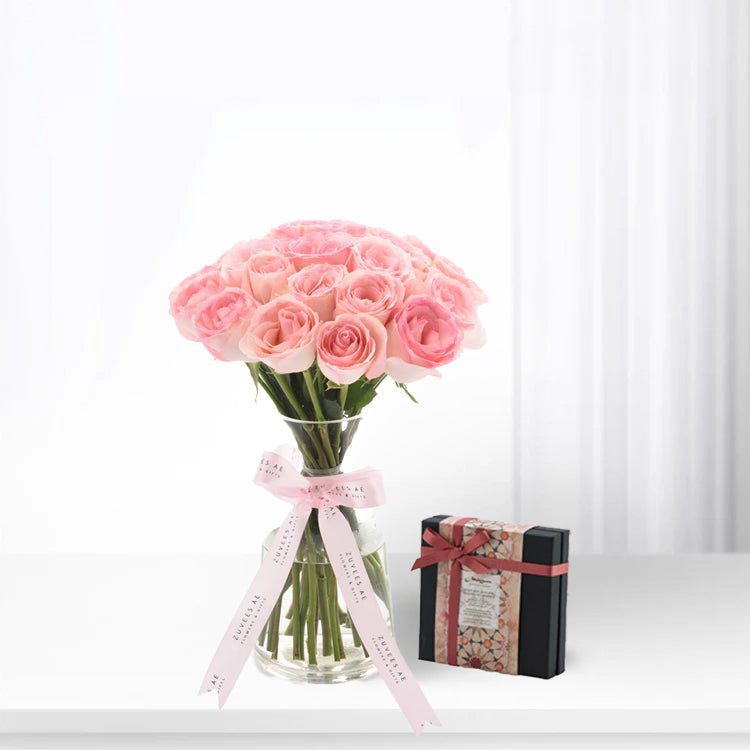 Sweet Pink Roses Vase Chocolates Combo - Zuvees.ae