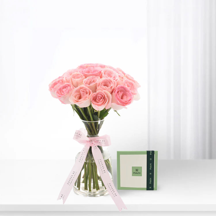 Sweet Pink Roses Vase Chocolates Combo - Zuvees.ae