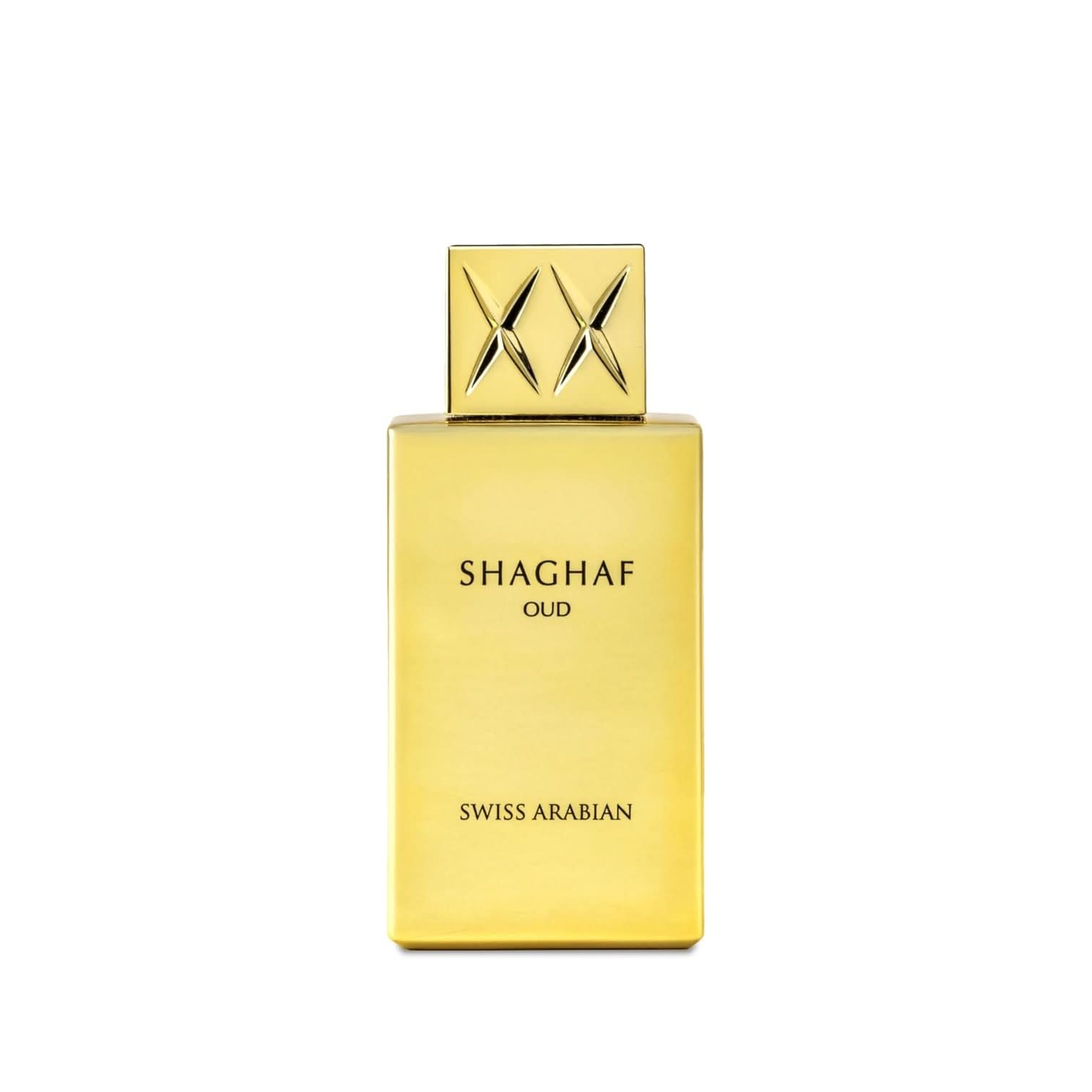 Shaghaf Oud perfume bottle: sleek gold with embossed cap, Swiss Arabian branding.