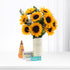 Vibrant sunflower bouquet in white vase with "Get Well Soon" text, beside honey, Strepsils, and electrolyte.