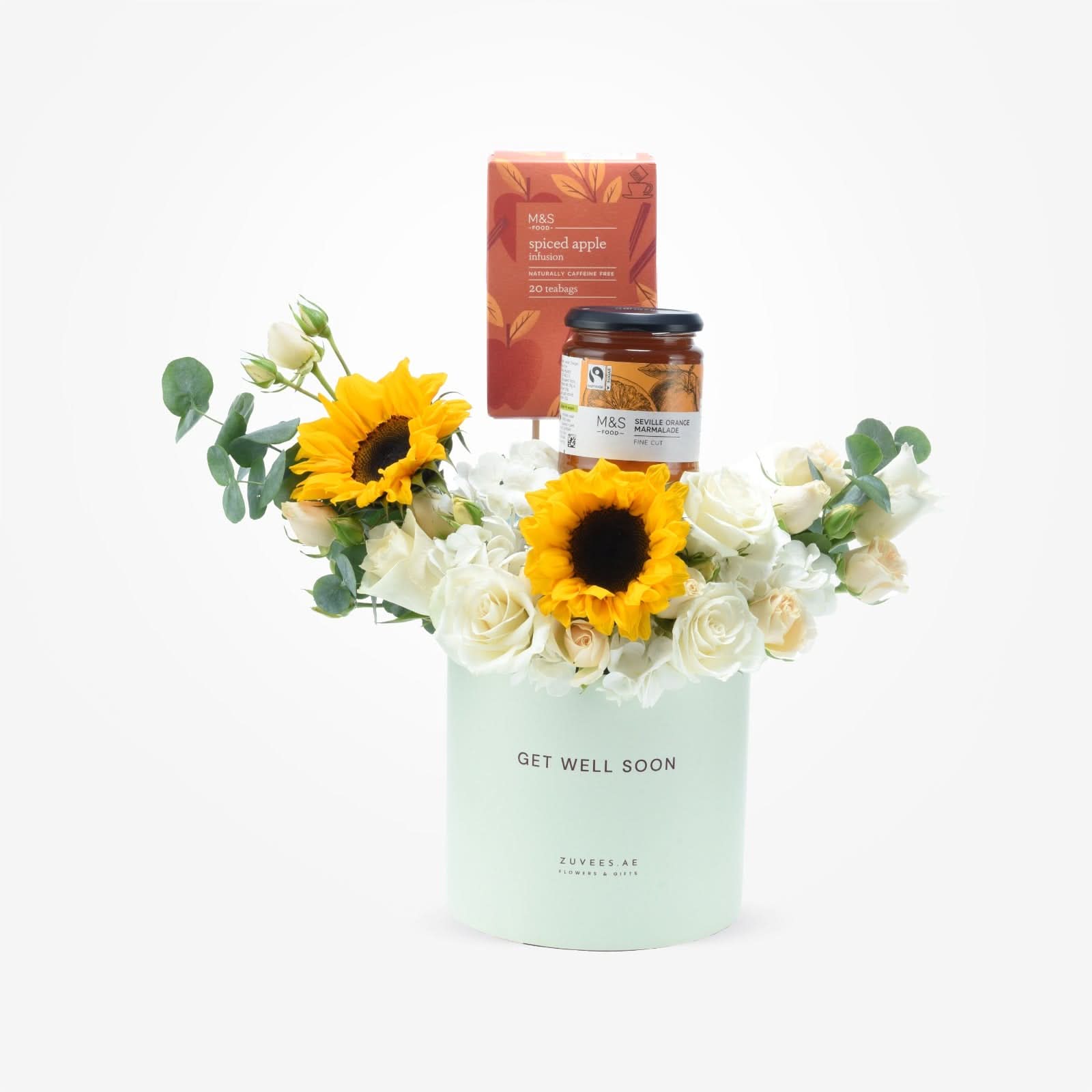 Sunflowers, white roses, marmalade, and spiced apple tea in mint “Get Well Soon” gift box.