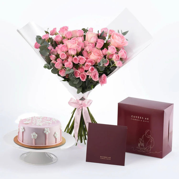 Pink roses bouquet with cake and branded gift box set.