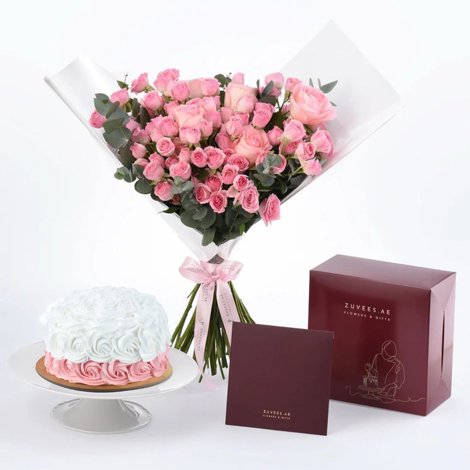 Pink rose bouquet, white-pink rosette cake, elegant burgundy gift boxes, soft ribbon, minimalist white background.