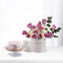 Pink cake with white flowers beside pink and white rose bouquet in "Happy Birthday" box.