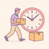Delivery person carries package past giant clock, emphasizing timely shipping.