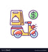 Yellow scooter with food delivery bag and dollar sign icon.
