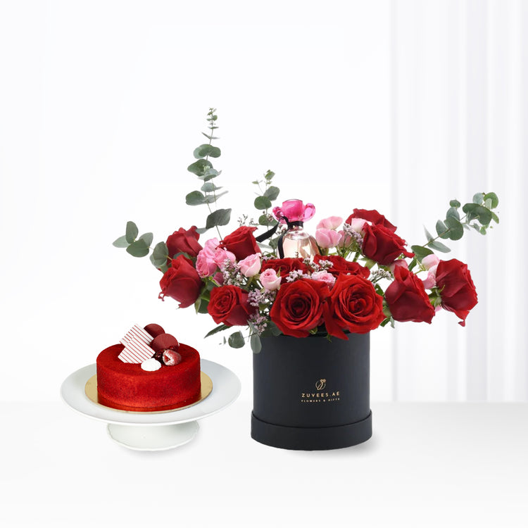 Red &amp; Pink Rose Gift Box with Guess Perfume &amp; Cake