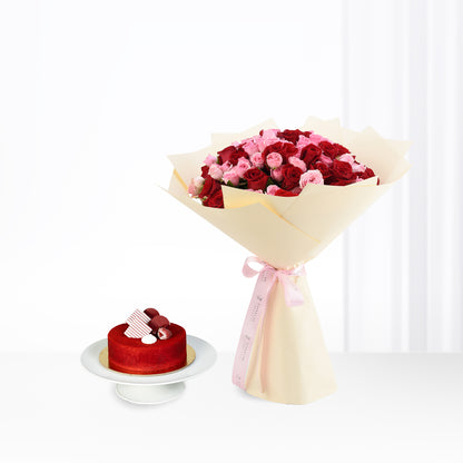 Red &amp; Pink Spray Roses with Red Velvet Cake