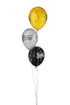 Three metallic balloons—gold, silver, black—with star patterns and "Happy Birthday" text.