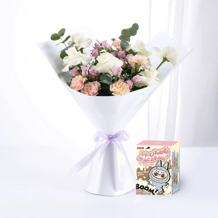 White &amp; Lavender Bouquet with Labubu