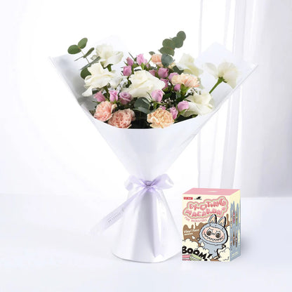 White &amp; Lavender Bouquet with Labubu