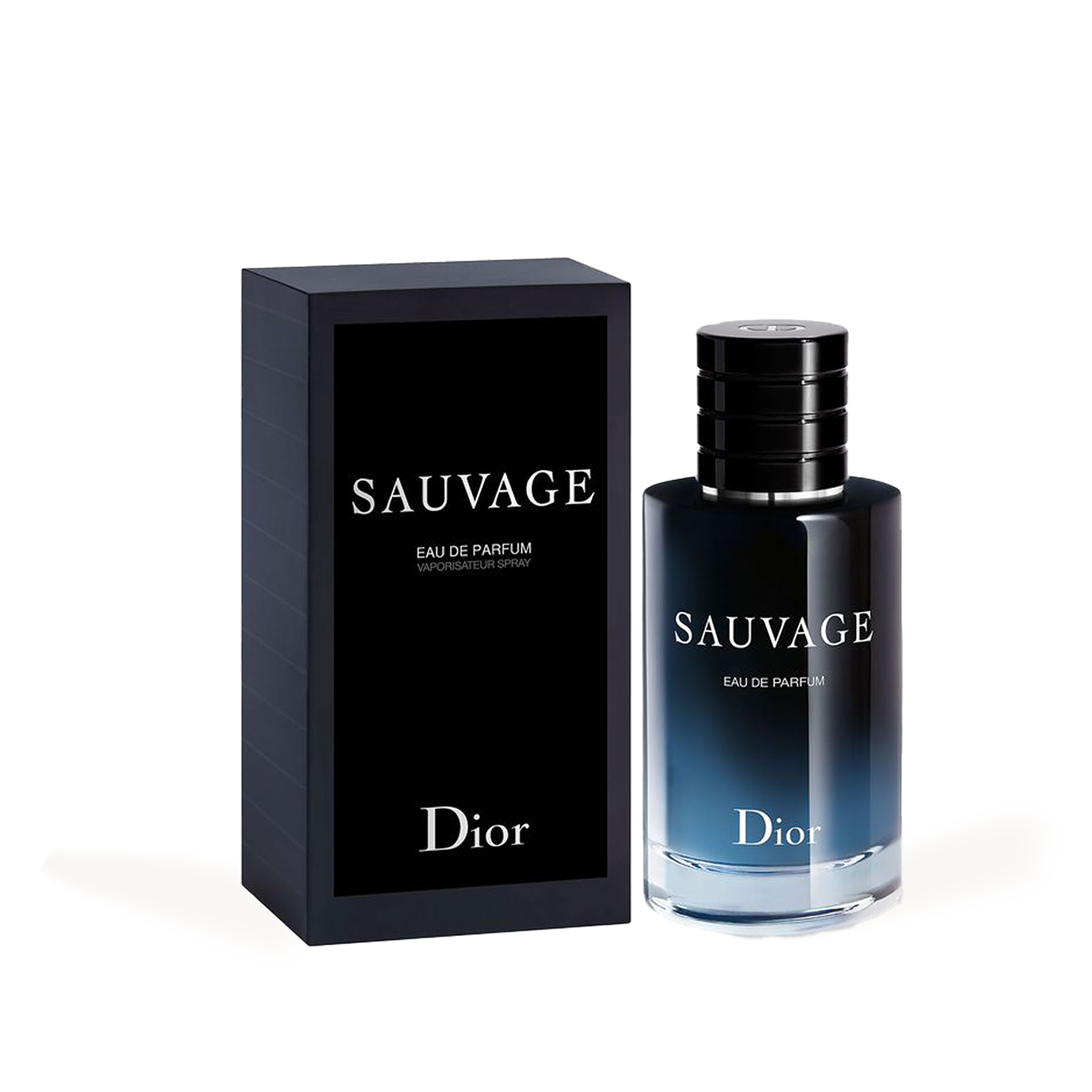 Dior Sauvage Eau de Parfum bottle and box, sleek black and blue gradient, minimalist luxury design.