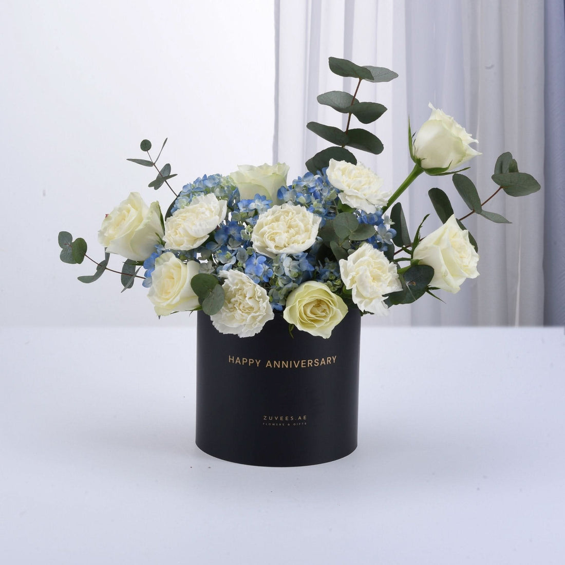 Serene Blue &amp; White Anniversary Bloom Box - Zuvees.ae
